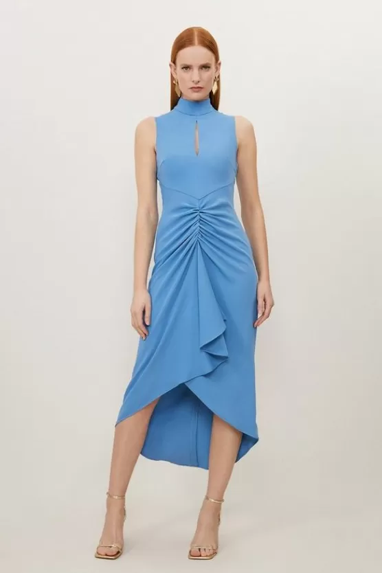 Store Karen Millen Petite Soft Tailored Ruched Front High Neck Midi Dress midblue