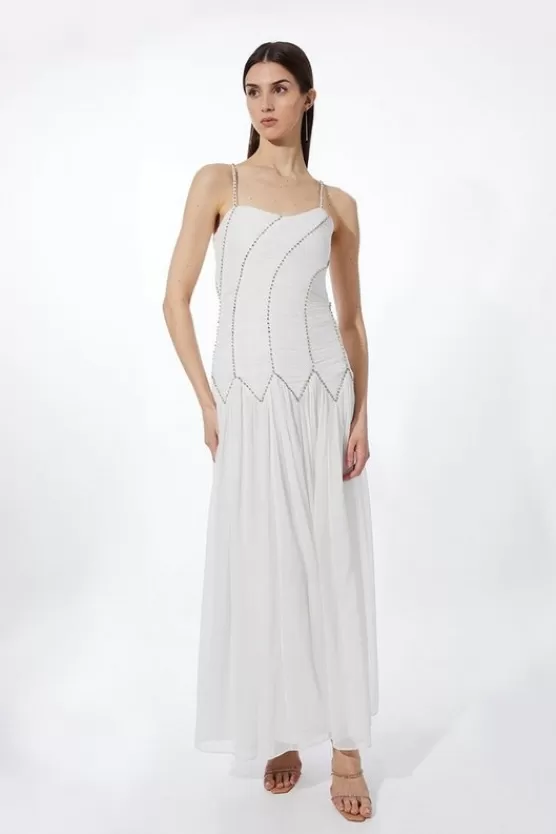 Clearance Karen Millen Petite Strappy Embellished Ruched Georgette Woven Maxi Dress white