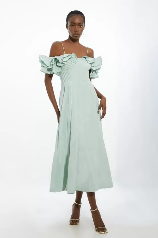 Best Karen Millen Petite Strappy Off The Shoulder Taffeta Woven Prom Dress sage