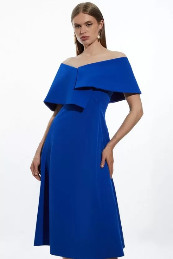 Sale Karen Millen Petite Stretch Crepe Asymmetric Collar Tailored Full Skirt Midi Dress cobalt