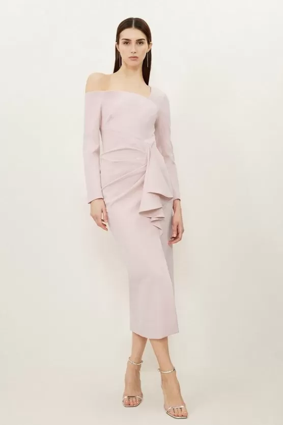 Clearance Karen Millen Petite Stretch Crepe Asymmetric Neckline Draped Maxi Dress palepink