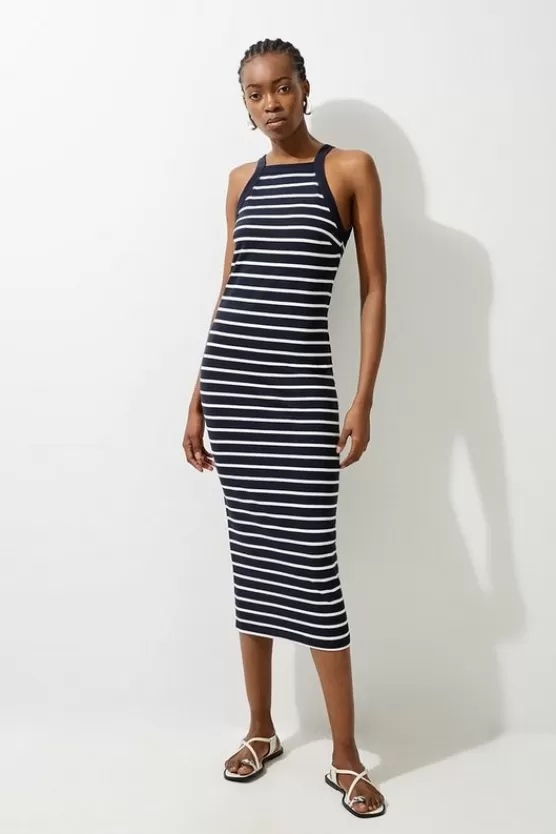 Cheap Karen Millen Petite Stripe Stretch Cotton Jersey Halter Midi Dress navy