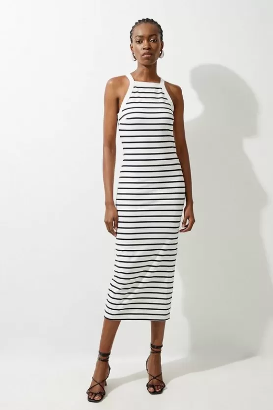 New Karen Millen Petite Stripe Stretch Cotton Jersey Halter Midi Dress ivory