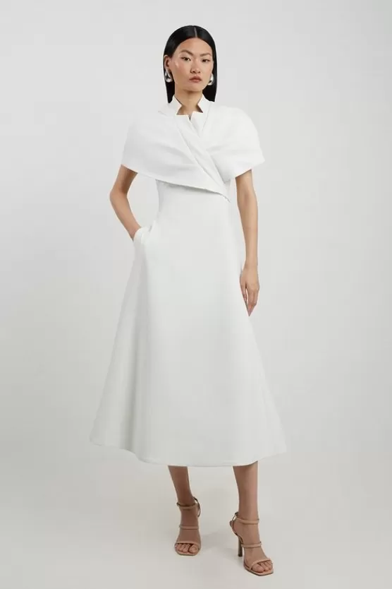 Clearance Karen Millen Petite Structured Crepe Cape Detail Full Skirted Tailored Midi Dress ivory