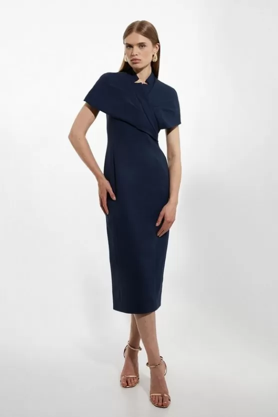 Fashion Karen Millen Petite Structured Crepe Cape Detail Midi Dress navy