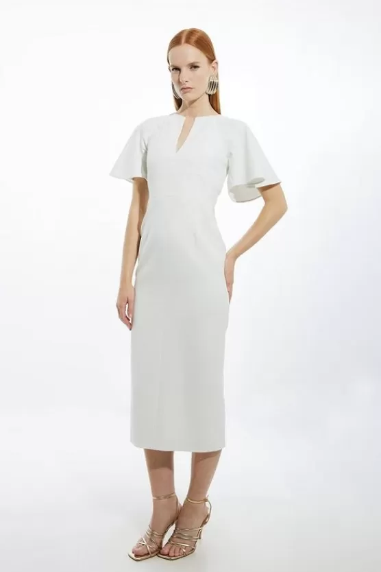 Sale Karen Millen Petite Structured Crepe Ruffle Sleeve Tailored Midi Pencil Dress ivory