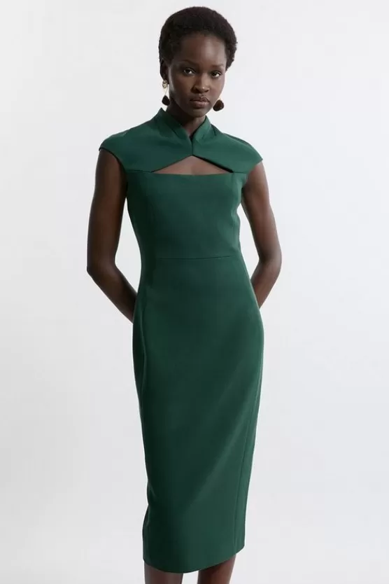 Fashion Karen Millen Petite Structured Crepe Tailored Cape Pencil Midi Dress forest