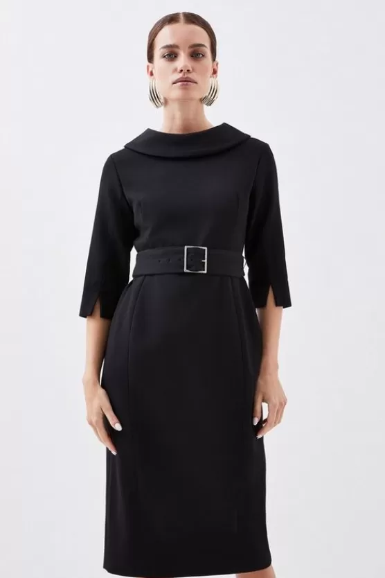 Cheap Karen Millen Petite Structured Crepe Turtleneck Belted Tailored Midi Dress black