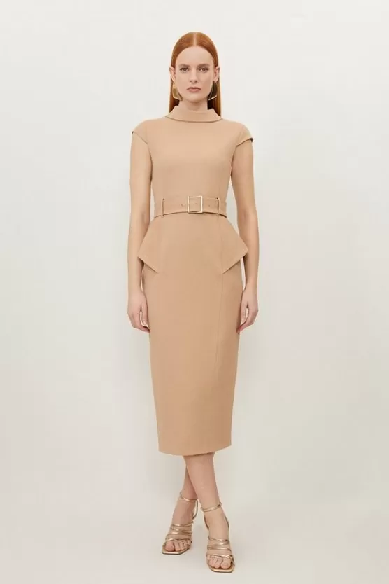 Fashion Karen Millen Petite Structured Crepe Turtleneck Peplum Belted Midi Dress camel