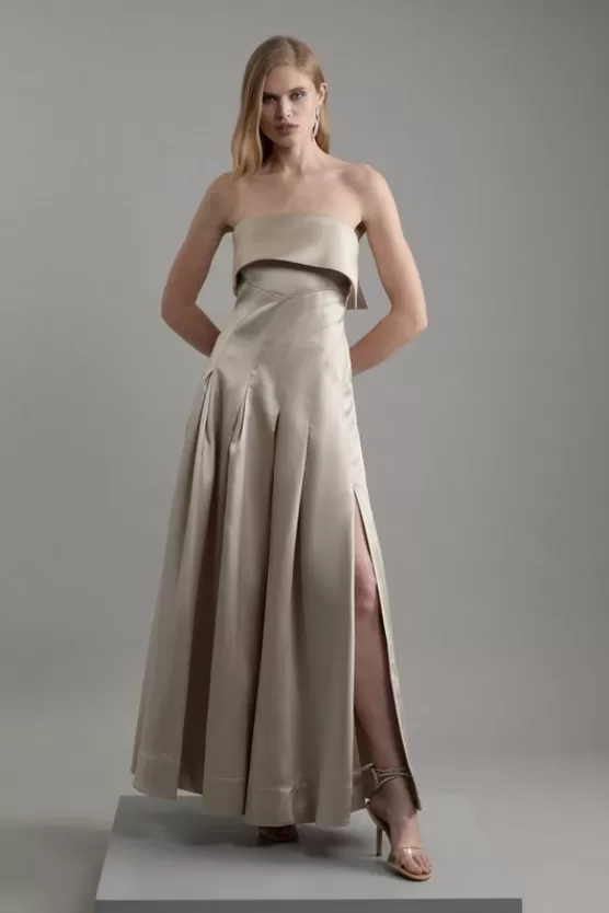 Shop Karen Millen Petite Structured Satin Bandeau Prom Tailored Maxi Dress gold