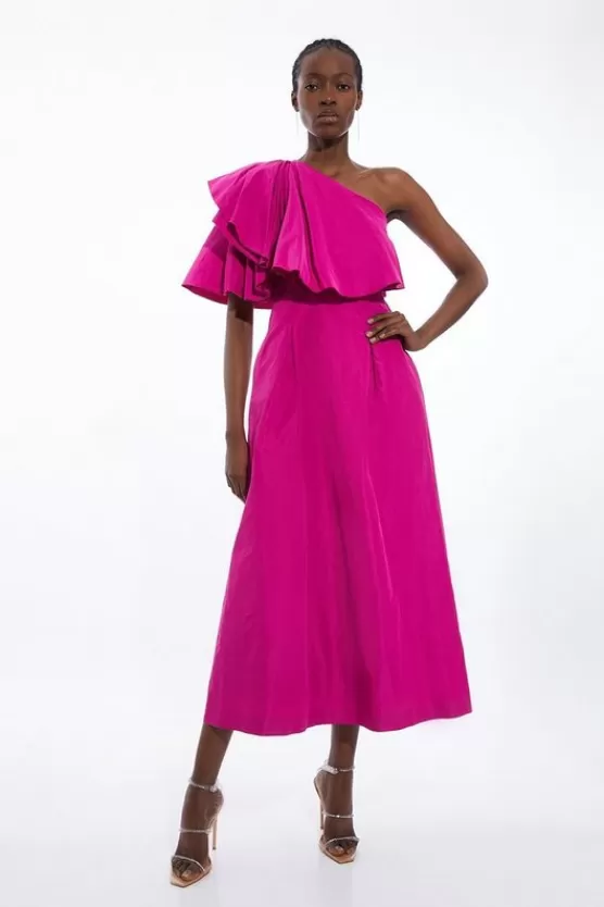 Hot Karen Millen Petite Taffeta One Shoulder Ruffle Midi Dress hotpink