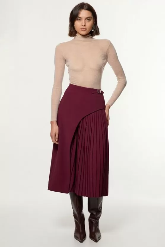 New Karen Millen Petite Tailored Buckle Detail Pleated Midi Skirt merlot