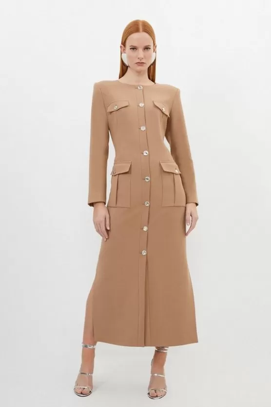 Hot Karen Millen Petite Tailored Compact Stretch Button Through Midi Dress camel