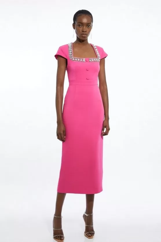 Hot Karen Millen Petite Tailored Compact Viscose Stretch Embellished Cap Sleeve Midi Dress pink