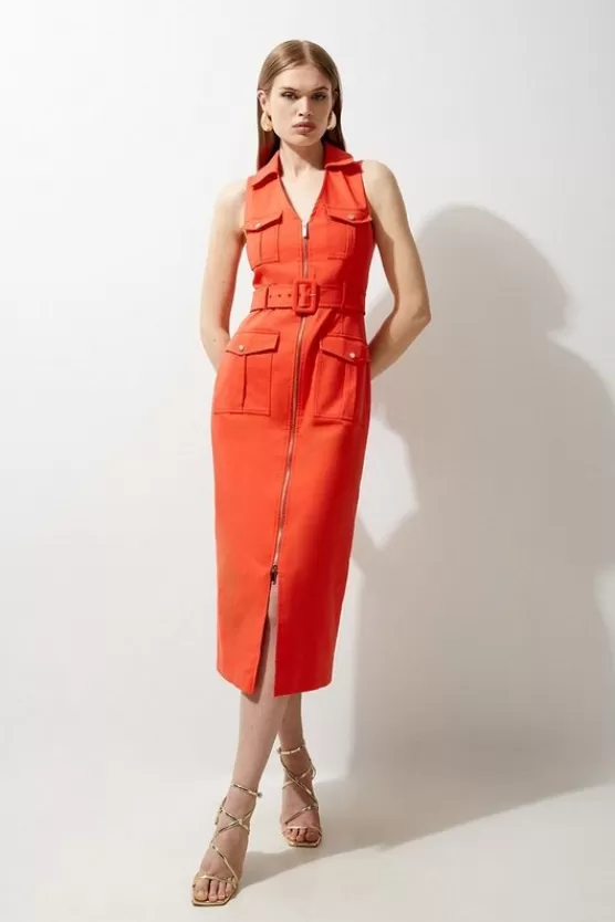 Cheap Karen Millen Petite Tailo Cotton Belted Cargo Pocket Midi Shirt Dress red