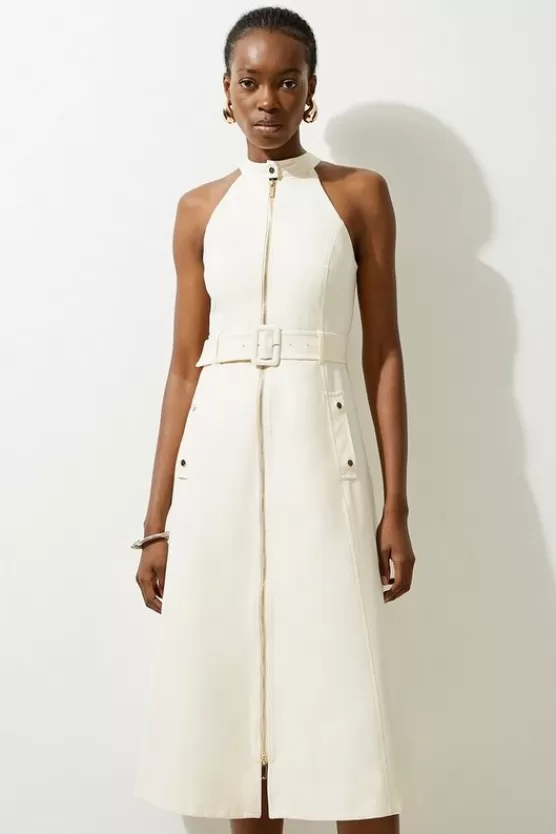 Clearance Karen Millen Petite Tailored Cotton Belted Halter Neck Full Skirted Maxi Dress ivory