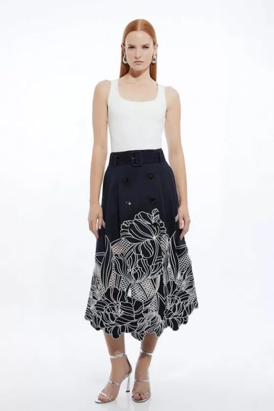 Online Karen Millen Petite Tailored Cotton Cutwork Embroidered Belted Midi Skirt navy