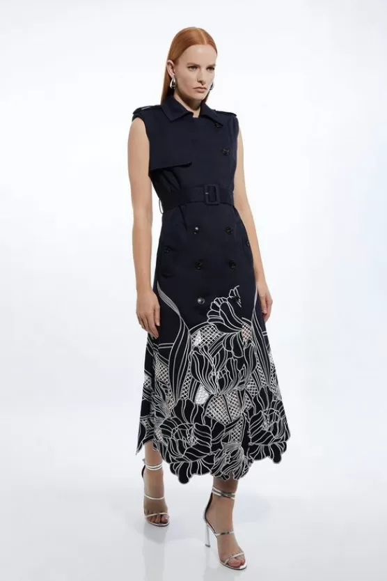 Outlet Karen Millen Petite Tailored Cotton Cutwork Embroidered Belted Trench Style Midaxi Dress navy