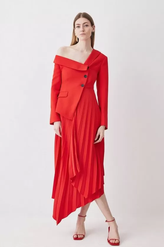 Best Sale Karen Millen Petite Tailo Crepe Asymmetric Pleated Midi Dress red