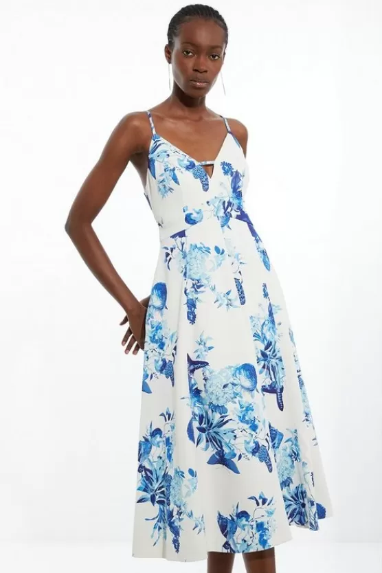 Discount Karen Millen Petite Tailored Crepe Butterfly Full Skirted Midi Dress floral