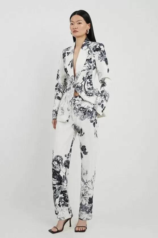Shop Karen Millen Petite Tailored Crepe Floral Slim Leg Dress Pants mono