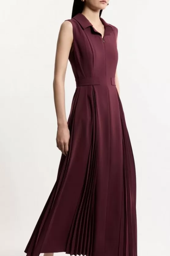 Store Karen Millen Petite Tailored Crepe Pleated Buckle Detail Sleeveless Midaxi Dress merlot
