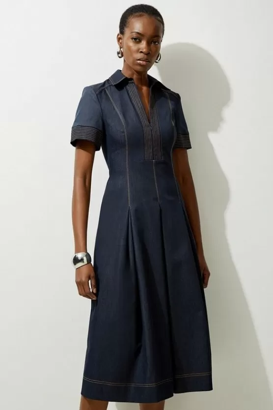 Best Karen Millen Petite Tailored Denim Full Skirted Maxi Shirt Dress indigo