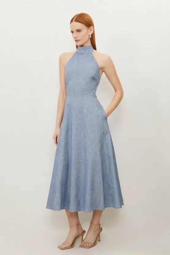 Online Karen Millen Petite Tailored Denim Linen Strappy Full Skirted Midi Dress blue