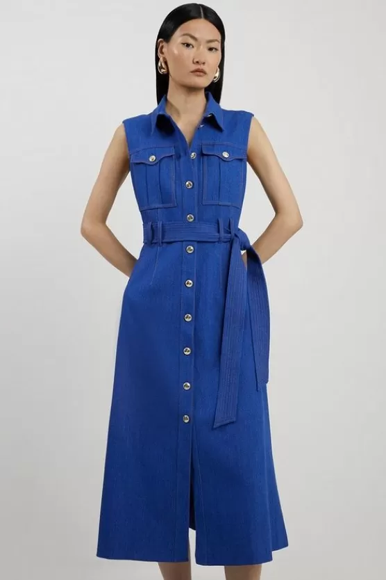 Clearance Karen Millen Petite Tailored Denim Pocket Belted Full Skirt Midi Shirt Dress midblue