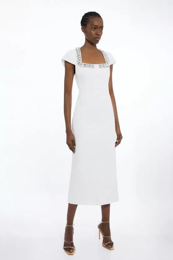 Hot Karen Millen Petite Tailored Embellished Square Neck Midi Dress ivory