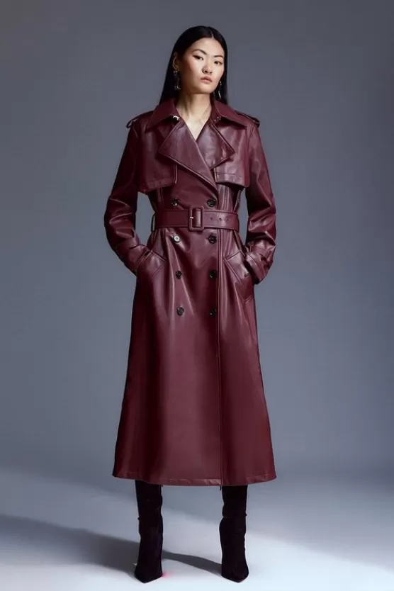 Hot Karen Millen Petite Tailored Faux Leather Belted Trench Coat oxblood