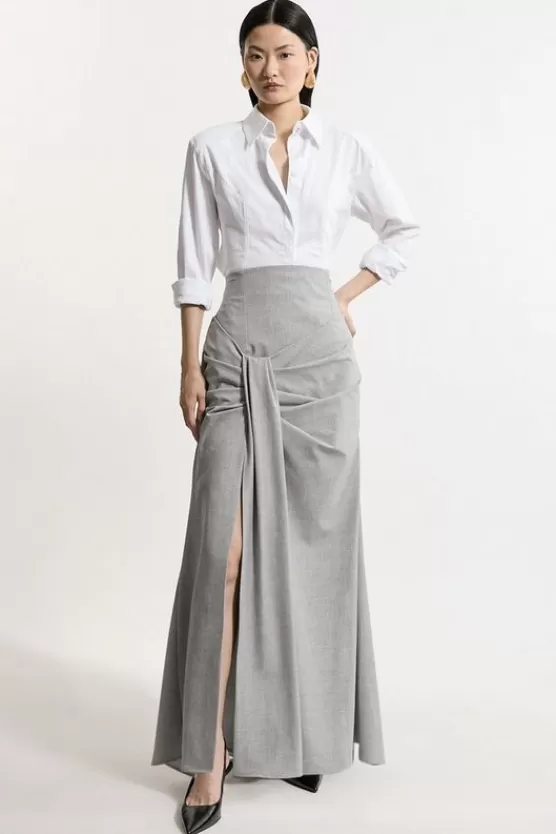 New Karen Millen Petite Tailored High Waisted Draped Maxi Skirt greymarl