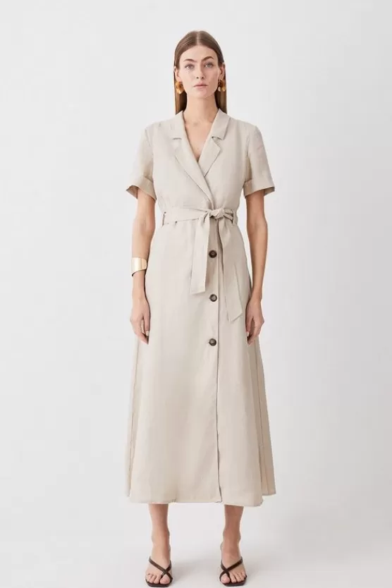 Flash Sale Karen Millen Petite Tailored Linen Belted Midi Dress stone