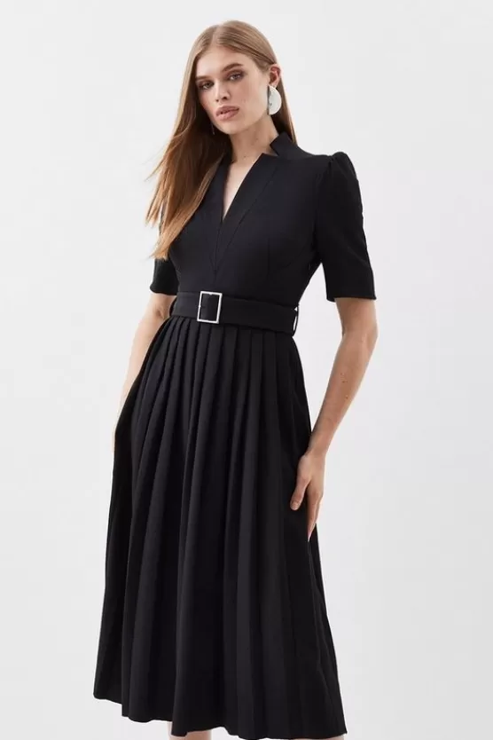 Discount Karen Millen Petite Tailored Structured Crepe Forever Pleat Midi Dress black