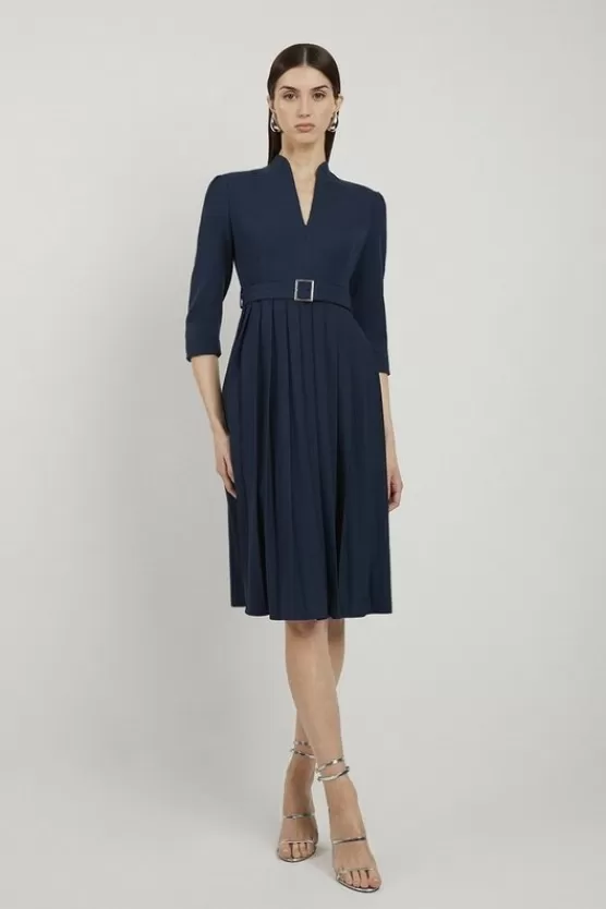 Clearance Karen Millen Petite Tailored Structured Crepe Pleated Midi Dress navy