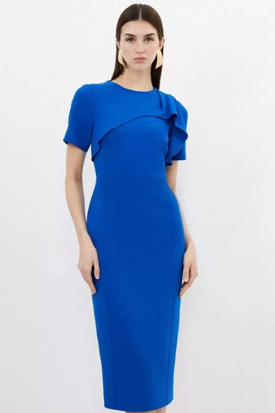 Fashion Karen Millen Petite Tailored Structured Crepe Ruffle Detail Pencil Midi Dress cobalt