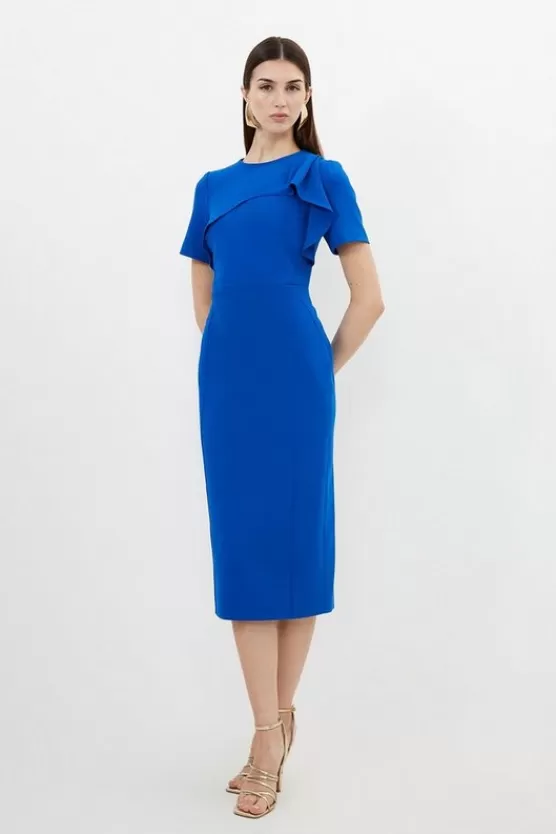 Store Karen Millen Petite Tailored Structured Crepe Ruffle Pencil Midi Dress cobalt