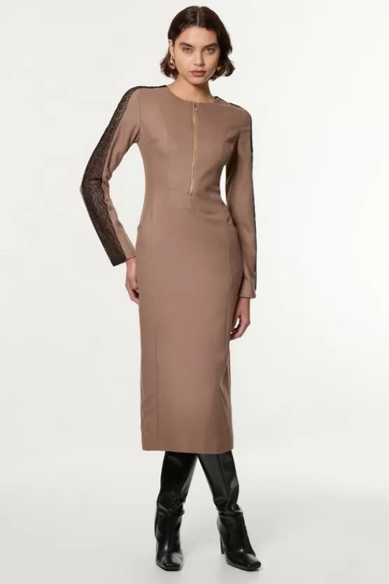 Flash Sale Karen Millen Petite Tailored Twill Lace Mix Zip Front Midi Dress taupe