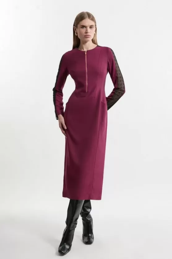 Best Sale Karen Millen Petite Tailored Twill Lace Mix Zip Front Midi Dress plum
