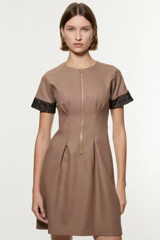 New Karen Millen Petite Tailored Twill Lace Mix Zip Front Mini Dress taupe