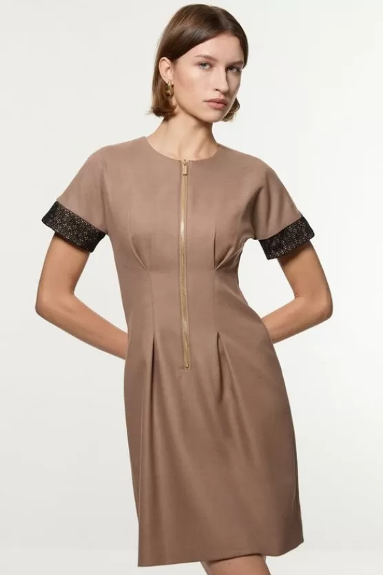 Clearance Karen Millen Petite Tailored Twill Lace Mix Zip Front Mini Dress taupe
