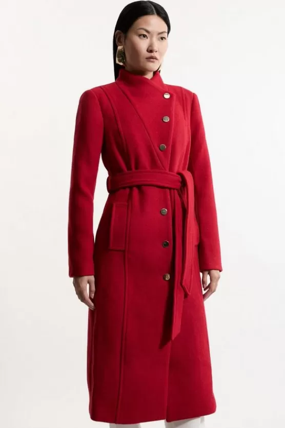 Store Karen Millen Petite Tailo Wool Blend Asymmetric Button Neck Belted Midi Coat red