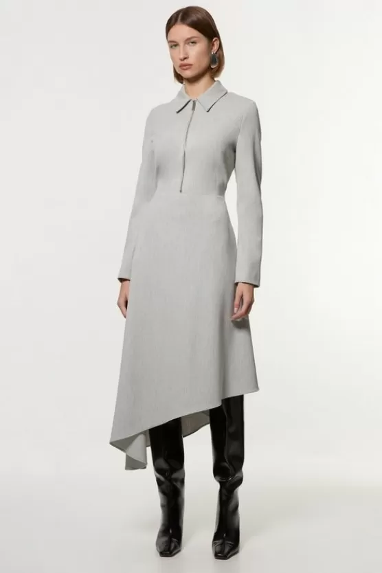 Flash Sale Karen Millen Petite Technical Crepe Tailored Metal Zip Detail High Low Midi Dress greymarl