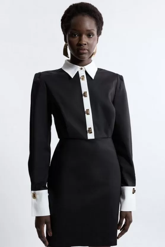 Clearance Karen Millen Petite Techno Cotton Woven Mini Shirt Dress With Gold Clasps mono