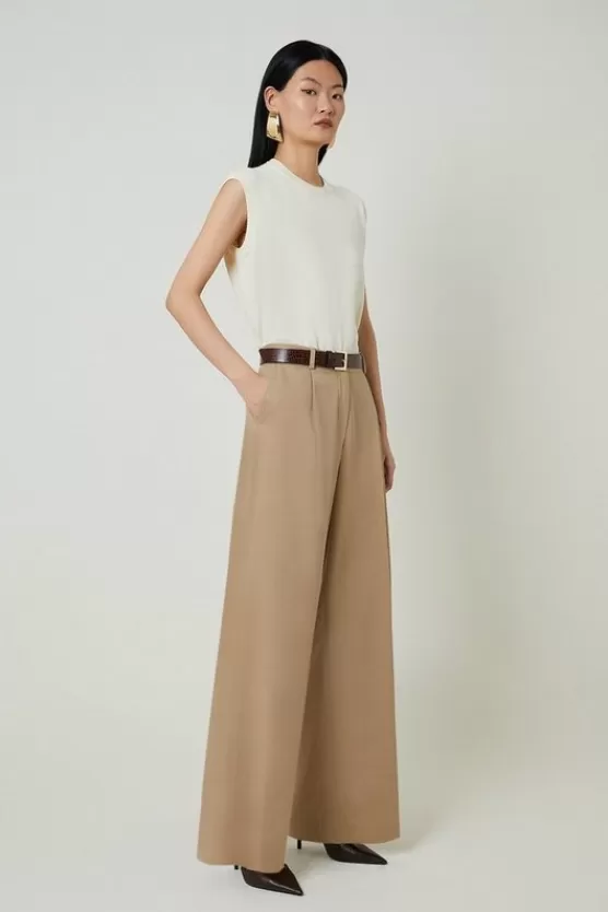 Fashion Karen Millen Petite Tencel Cotton Pleated Wide Leg Dress Pants tan