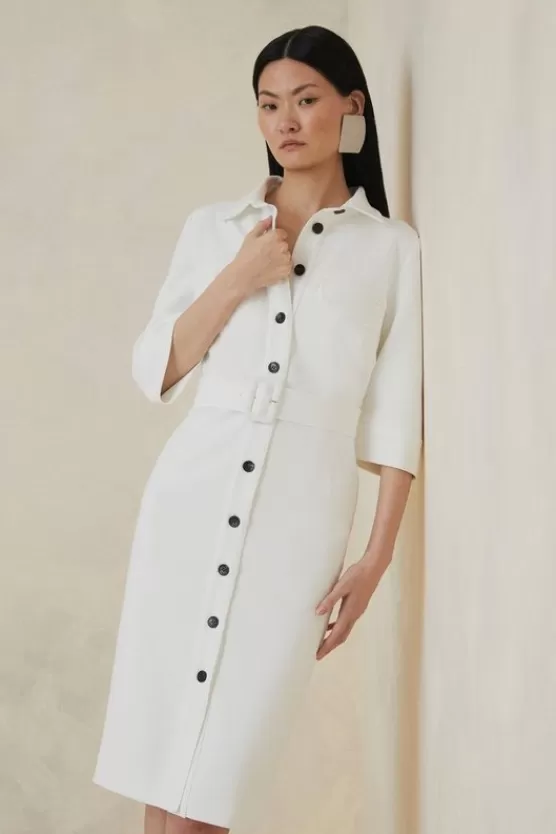 Sale Karen Millen Petite The Founder Compact Stretch Belted Midi Dress ivory