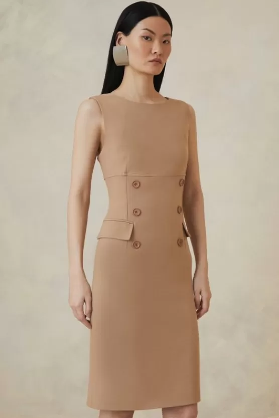 Discount Karen Millen Petite The Founder Compact Stretch Button Detail Midi Dress camel