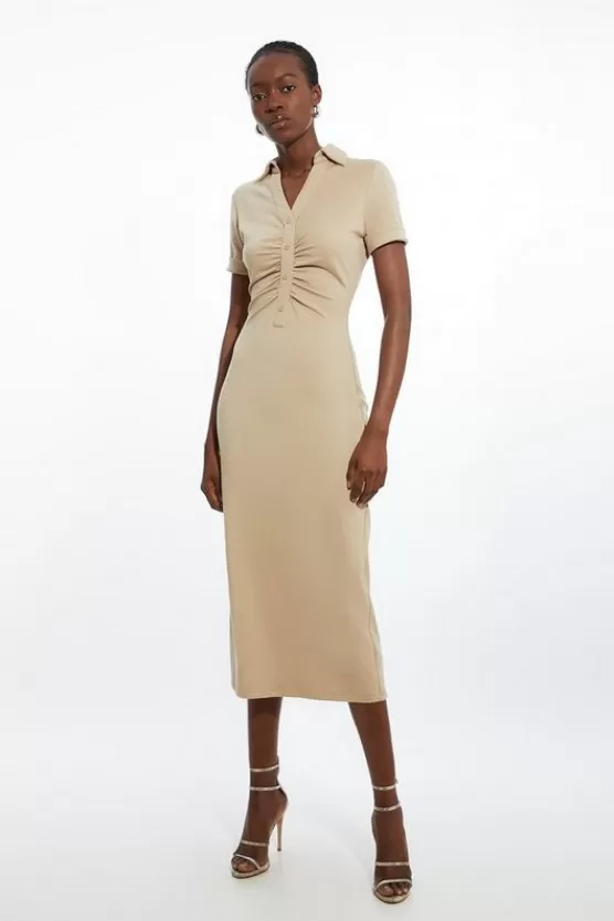 Shop Karen Millen Petite The Founder Soft Touch Jersey Ruched Detail Midi Dress stone