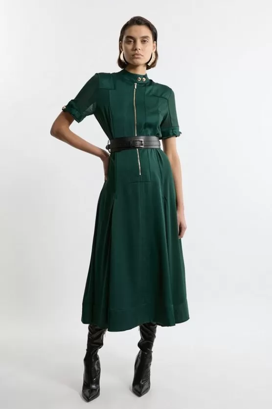 New Karen Millen Petite Top Stitch Satin Georgette Woven Shirt Maxi Dress forest