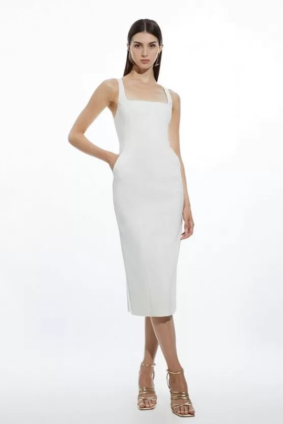 New Karen Millen Petite Topstitch Detail Techno Cotton Woven Midi Dress white